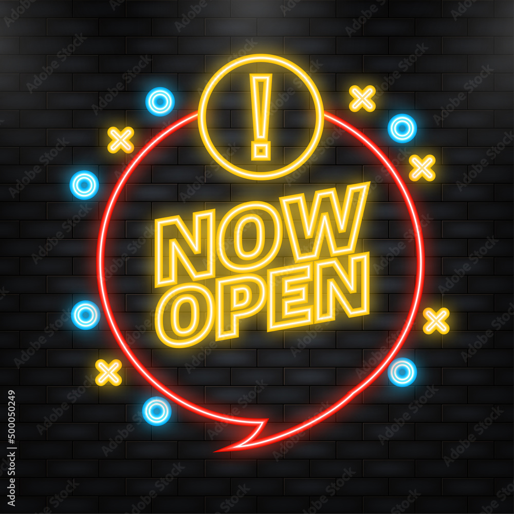 Poster neon icon. vector now open red banner. label with text in flat style. vector illustration.