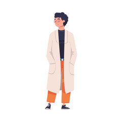 Fototapeta na wymiar Man Scientist Character in White Coat Standing with Hands in Pocket Vector Illustration
