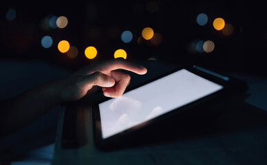 businessman touch smart phone or tablet for technology work on bed in bedroom during work from home to drive business and financial communication