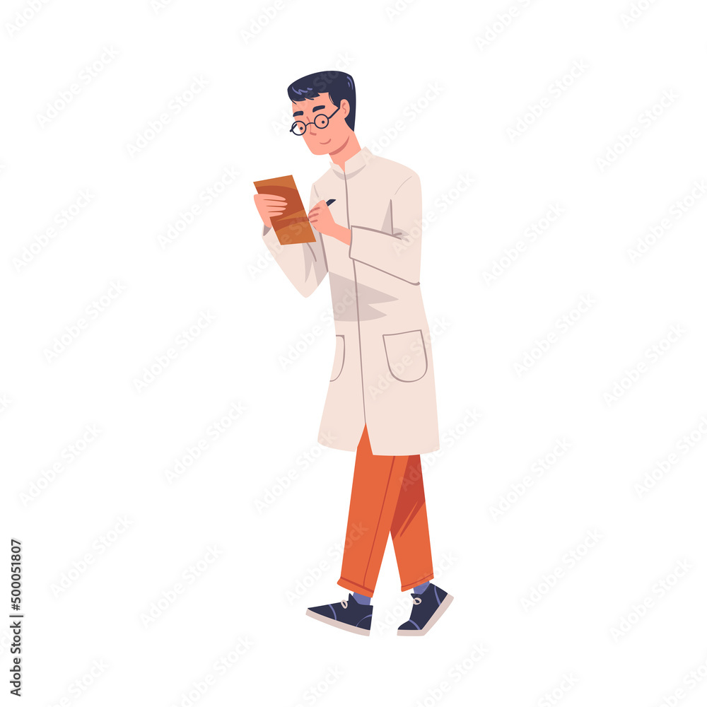 Poster man scientist character in white coat walking with clipboard vector illustration