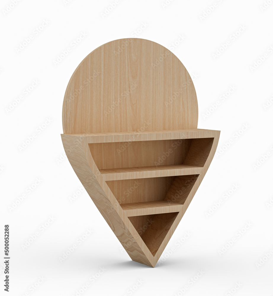 Poster 3d illustration of a mapwooden pointer 3d pin location symbol on isolated on white background