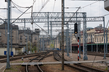 view of railroad turnouts from the station platform