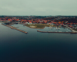 Aerial view of a small harbor in Ebeltoft, Denmark