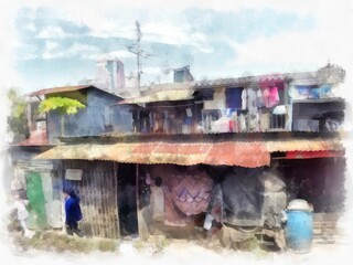 Residential house in the city's slums watercolor style illustration impressionist painting.