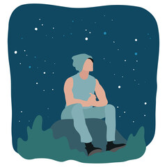 Fototapeta na wymiar Lonely Man sitting on a mountain for watching night sky