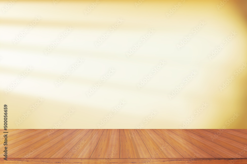 Poster empty wooden table in front of light and shadow on a yellow wall from the window