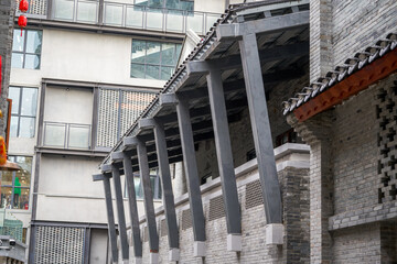 Close-up of iron pillar roof shed in city building