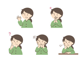 女性のシンプルなイラストセット_C01【束ねた髪／表情】