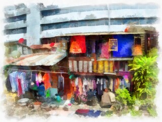 Residential house in the city's slums watercolor style illustration impressionist painting.