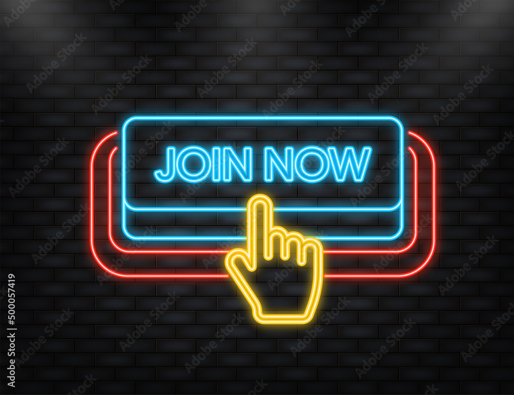 Poster neon icon. icon with blue join now neon button on white background for web marketing design.vector i