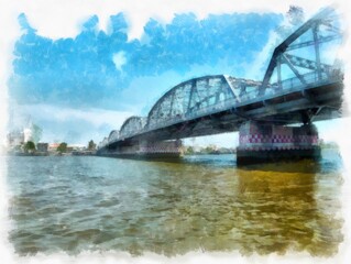 Obraz premium Landscape of the iron bridge over the river watercolor style illustration impressionist painting.