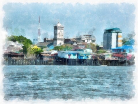 Landscape of the Chao Phraya River in Bangkok watercolor style illustration impressionist painting.