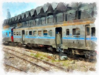 Fototapeta na wymiar Thai train watercolor style illustration impressionist painting.