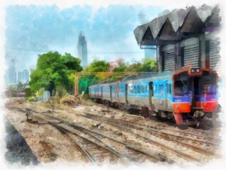 Thai train watercolor style illustration impressionist painting.