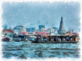 Landscape of the bank of the Chao Phraya River in Bangkok Impressionist style watercolor painting