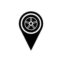 Car wheel with tire and rim on a pin place point symbol. location icon. Shop, tyre fitting, car service. Isolated vector illustration on white background. 