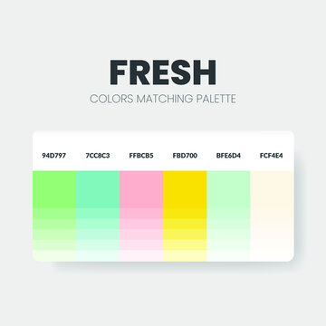 Fresh color matching palettes or color schemes are trends combinations and palette guides this year; table color shades in RGB or HEX. A color swatch for a fresh fashion, home, or interior set design 