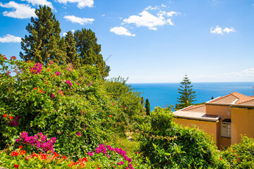 Beautiful park in Taormina, Sicily island in Italy. Mediterranean sea view. 