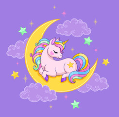 Sleepy pony sitting on the moon. Vector illustration