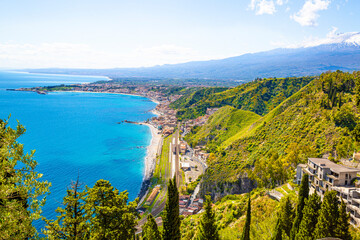 Plakat Mediterranean sea beautiful view in Taormina, Sicily island, Italy. Beautiful sunny day. 