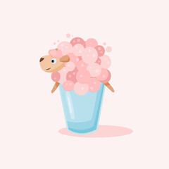 Cute milkshake with foam in the form of a funny pink sheep. Vector illustration in cartoon style. Picture for stickers, postcards, notebooks, textiles, wallpapers, screensavers