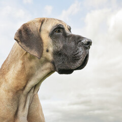 Closeup of a great Dane dog against a cloudy sky