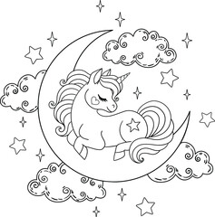 Cute unicorn sleeping on the moon. Vector outline for coloring © Jufirell