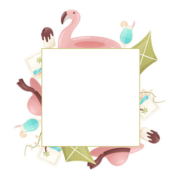 Vector template with summer frame and vacation elements, flamingo lifebuoy, ice cream, hat, cocktail, flying kite.