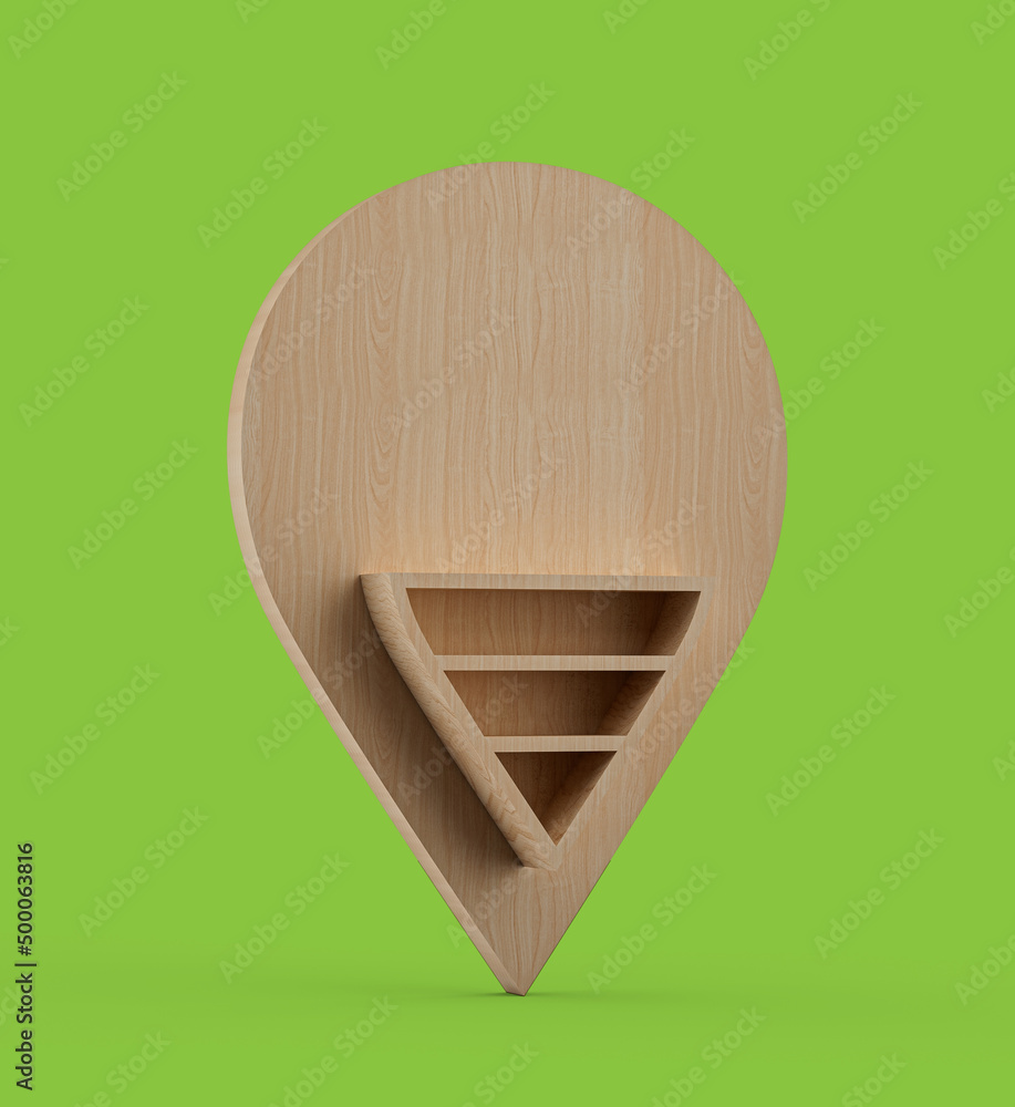 Poster digital 3d illustration of the wooden map pointer - location symbol isolated on the green background