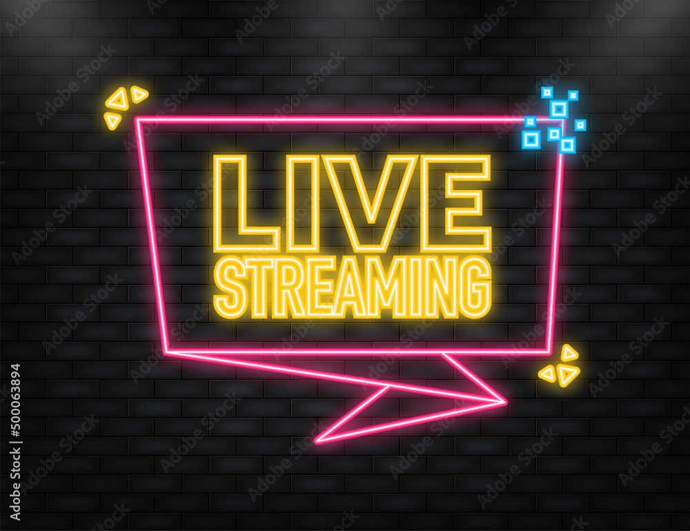 Poster neon icon. live streaming logo - red vector design element with play button for news and tv or onlin