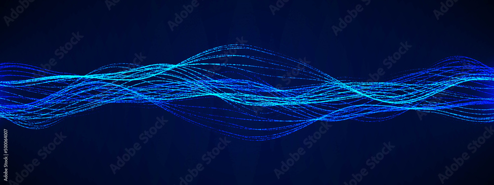 Poster neon background. blue 3d wave design, spiral. texture lines, strings. pattern of outer space. plexus