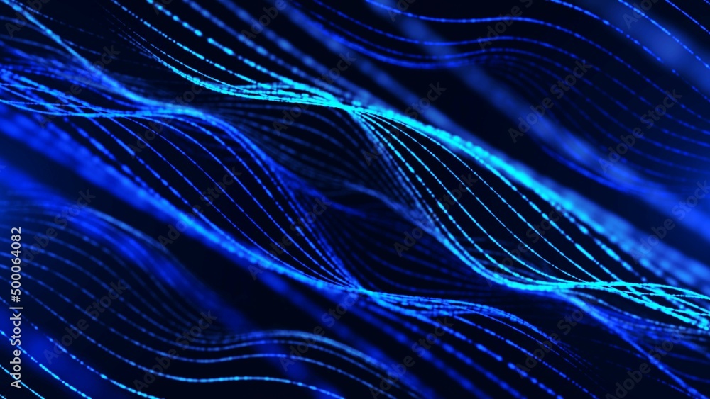 Poster neon background. blue 3d wave design, spiral. texture lines, strings. pattern of outer space. plexus