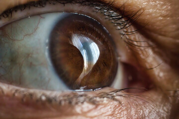 Extreme macro closeup of a human eye with a light brown shiny iris surrounding the pupil and light...