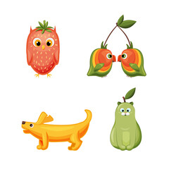 Obraz premium Funny animals in the form of fruits in the cartoon style. Cat, owl, dog and birds in the form of different tropical fruits. Vector illustration for stickers, textiles, notepad, greeting card