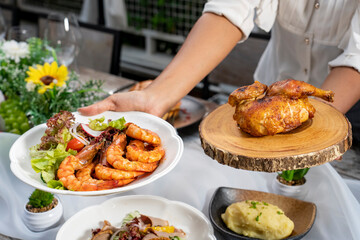 Friends Happiness Party Buffet Food Table Concept.