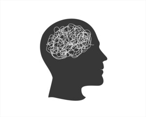 Vector illustration with human head silhouette with brain as tangled messy single line. Trendy concept of mental disorder, finding solution, chaotic thinking process, confused mind. Isolated on white