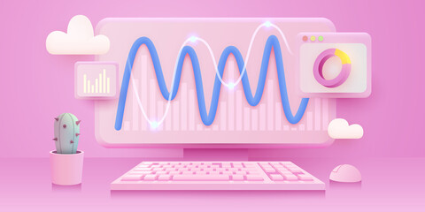 Business strategy and planning. Data analysis and investment. Business success. Computer with infographic elements. Design for presentation.