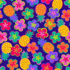 Colorful pineapple and hibiscus flower seamless pattern for summer holidays background.
