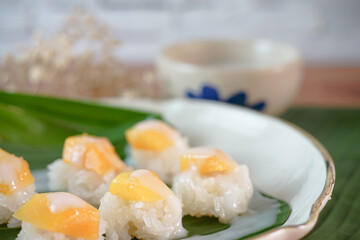 Ripe Mango Sticky Rice with Coconut Milk Authentic Thai desserts
