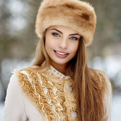 Beautiful woman face winter portrait outdoor