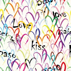 Poster seamless pattern background, love concept with hearts, words, letter, paint strokes and splashes © Kirsten Hinte