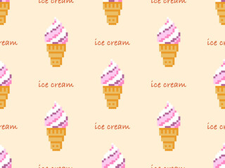Ice cream cartoon character seamless pattern on yellow background.Pixel style