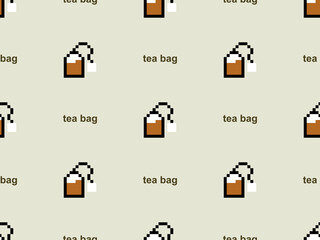 Tea bag cartoon character seamless pattern on green background.Pixel style