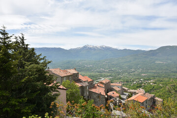 Aerial beautiful landscape view of Molise from the village of Macchiagodena, Italy with blue sky