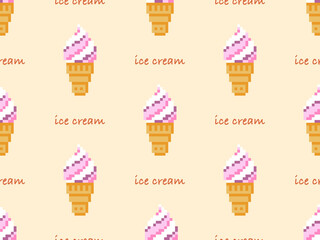 Ice cream cartoon character seamless pattern on yellow background.Pixel style