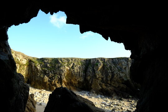 The Korrigan cave on the granit coast of le Pouliguen. Autumn, France.