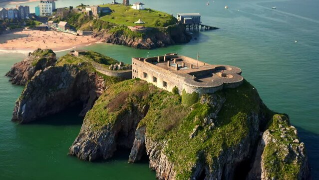 Aerial view of Tenby bay Castle St. Catherine island fort. historical castle on a serparte island from tenby bay.