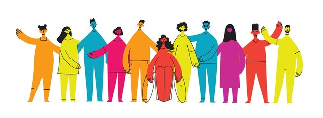 Flat illustration of a group containing inclusive and diversified people all together without any difference.