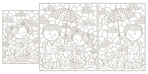 Fototapeta na wymiar A set of contour illustrations in the style of stained glass with a boy and a girl under an umbrella, dark contours on a white background