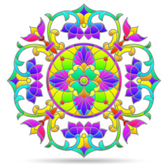 An illustration in the style of a stained glass window with a bright wolf, an animal isolated on a white background